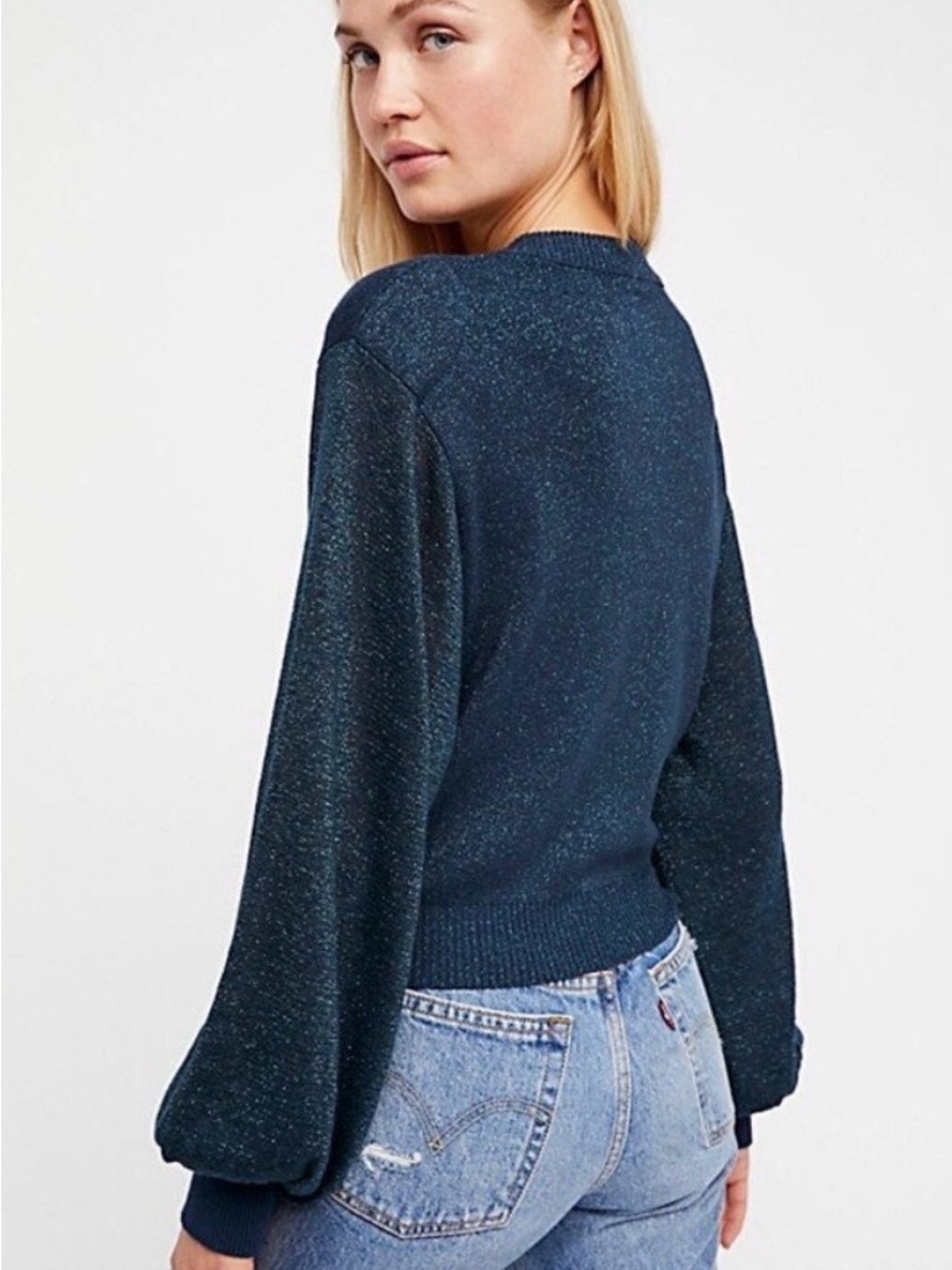 FREE PEOPLE Let It Shine Teal Balloon Sleeve Sweater NWT 🌷Shimmery, Beautiful
